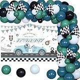 Sursurprise Race Car Baby Shower Decorations, Racing Car Balloon Garland Arch Kit Vintage Blue Green with It’s A Boy Backdrop Checkered Flags Balloons for Let’s Go Racing Party Supplies