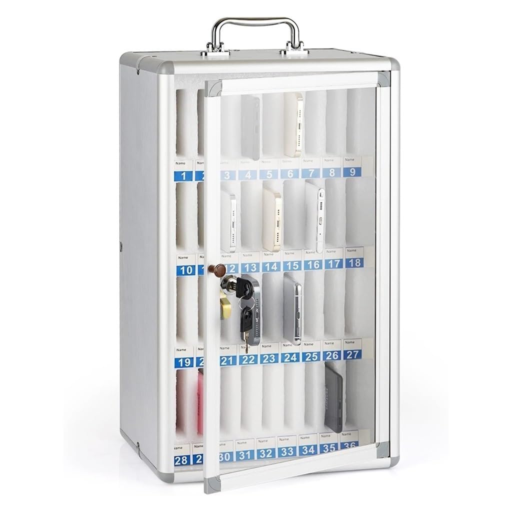 Easnuroz Cell Phone Storage Box 12/15/20/25/30/40 Slots Aluminum Alloy Mobile Phone Storage Box With Lock Classroom School Office For Classroom, Office, Repair Shop(36)