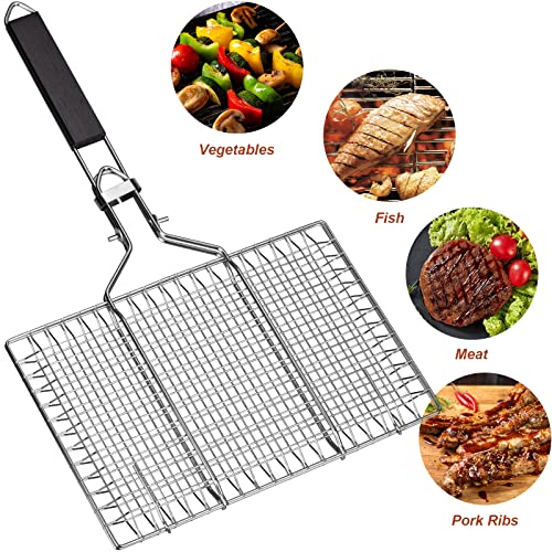 Grillkorb Fischbräter, Fisch-Grillkorb, Edelstahl Barbecue Grillschale, Faltbar, Tragbar, Rostfreie Zubehör Körbe zum Grillen, Grillkorb für Fisch und Gemüse, mit Oxford-Tasche & 2 Silikonbürste