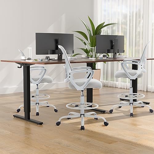 Image of DUMOS Drafting Chair - Ergonomic Tall Office for Standing Desk, Counter with Height Adjustable and Comfortable Lumbar Support, Fixed Armrests, Grey