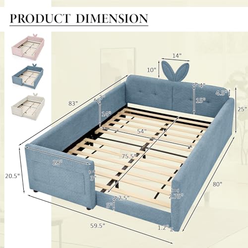 Image of Full Size Bed Frame for Kids, Upholstered Daybed Frame Floor Bed with Safety Rails and Storage Pocket Cute Rabbit Ear Shaped Headboard for Kids Teens Boys Girls, Blue