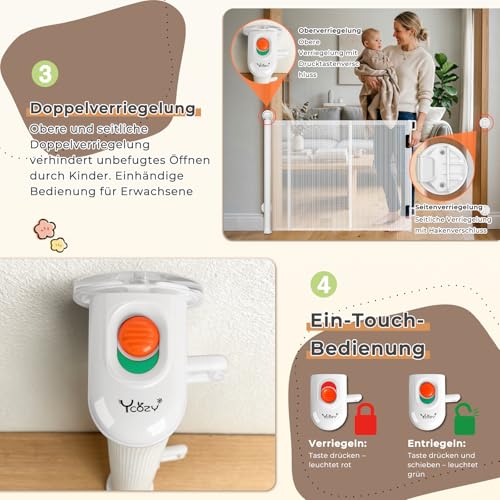 Ycozy Treppenschutzgitter Ohne Bohren 0-150cm Türschutzgitter Ausziehbar mit Stützstangen Treppenschutzrollo Einhändiges Öffnen Kinderschutzgitter Türgitter Baby Hunde Absperrgitter Treppengitter