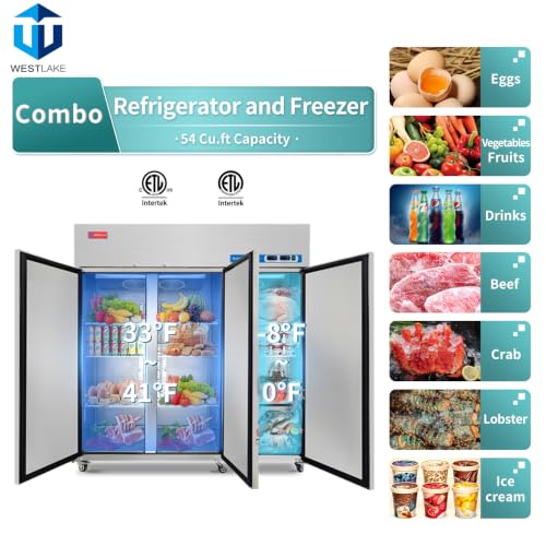 Image of WESTLAKE Commercial Refrigerator and Freezer Combo 72 inch W 3 door 3 Section Stainless Steel Reach in Solid door Fan Cooling 54 Cu.ft Refrigerator and Freezer Combo for Restuarant, Bar, Shop, etc