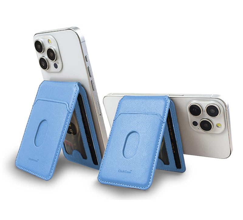 Image of ClickCaseBifold MagSafe Wallet, Minimalist Wallet with Stand, Magnetic Closure Wallet for iPhone 16 /15 /14 /13 /12 Series, Card Holder, Vegan Leather (Metalic Sky Blue)