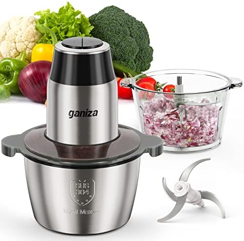 Ganiza Food Processors, Electric Food Chopper with 2 Bowls (8 Cup+8 Cup), Meat Grinder 450W Powerful Copper Motor, Veggie Chopper for Baby Food/Fruits/Vegetables/Nuts, 2 Sets of 4 Bi-Level Blades
