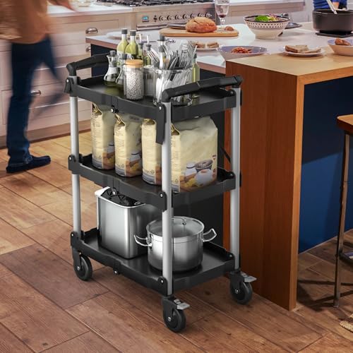Image of YITAHOME 3-Tier Folding Utility Cart with Wheels (2 Brakes), 350lbs | Foldable Service Cart Collapsible Rolling Cart w / 360 Swivel Wheels, Portable Tool Cart for Home Garage Restaurant Office