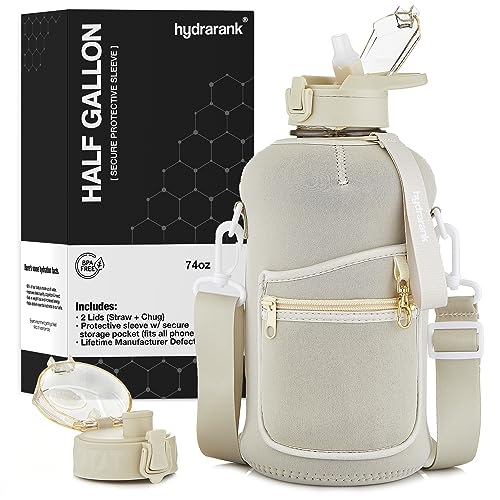 Image of HYDRARANK Half Gallon Water Bottle with Sleeve - BPA Free Gym Water Bottle with Straw and Spout Lid - Leak Proof - Reusable Large Water Jug with Strap, Handle for Daily Hydration (74 ounce)