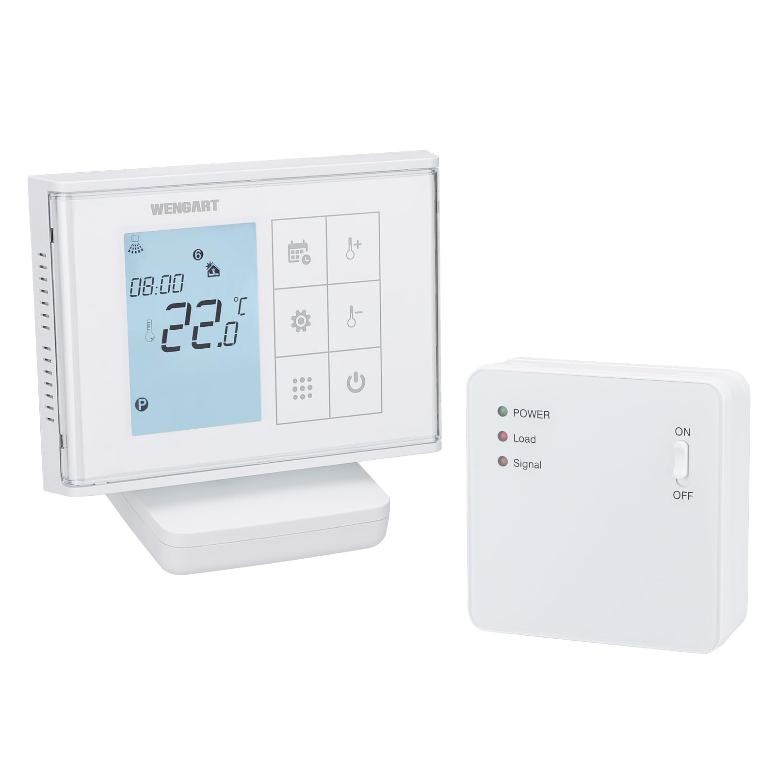 Wengart Termostato Inalámbrico RF WG010RF para Caldera de Gas y Suelo Radiante, Sin Cables, Programable, Pantalla con Pilas o USB, Receptor de Contacto Seco (Sin Voltaje), Blanco