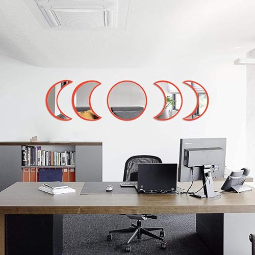 Image of 5 Pieces Moon Phase Acrylic Mirror and Pine Wood Set - Aesthetic Wall Decor Item of Living Room, Boho Minimalist Hanging Mirror Set for Bedroom, Hallway, Home & Office Decoration (Red)
