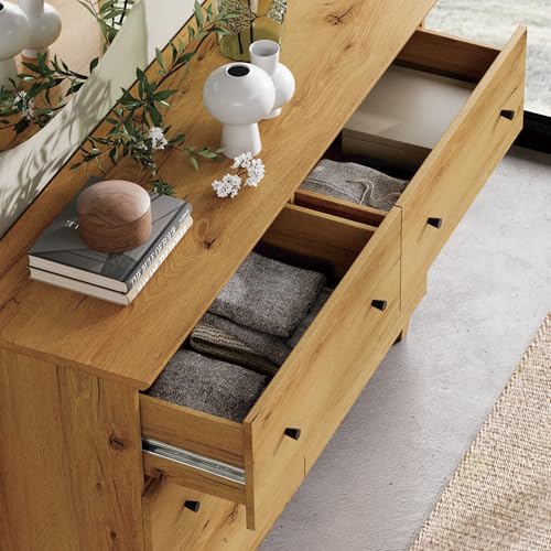 Image of WAMPAT Bedroom Dresser with 6 Drawers, Modern Chest of Drawers with Black Knobs, Wide Oak Brown Wood Finish Storage Organizer for Kids Room, Living Room, Nursery, 47.2x15.5x32.4