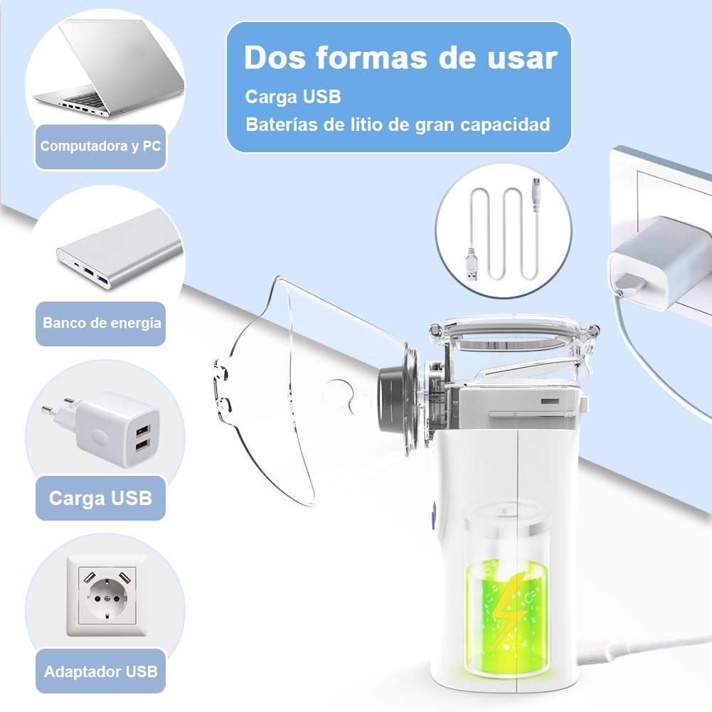 Nebulizador Portatil, Nebulizador para Bebe Niños Adultos, Silenciosa Inhaladores Eléctricos Recargable USB-C con Diseño Portátil, fácil de usar y Limpiar, para Uso Doméstico y de Viaje