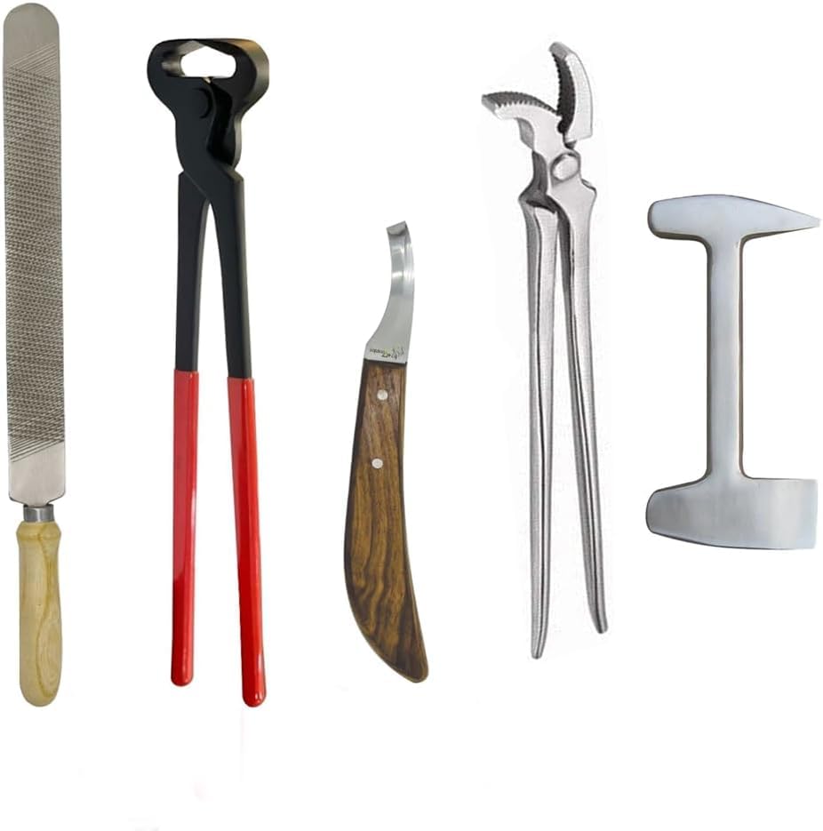 5 PCS Farrier Horse Hoof Care Kit–Complete Set of Nippers,Hoof Rasp,Ergonomic Handle,RH Poly Knife, Hoof Trimming,Shaping,&Shoeing Tools for Professional Farriers,Horse Owners,Equine Care Experts-image-1