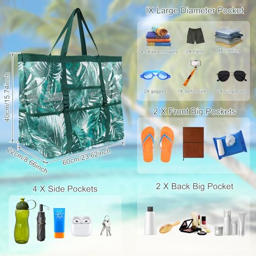 Mesh Beach Bags, Extra Large Beach Tote Bags with 4 Pockets and Zipper, Foldable Beach Tote Sandproof Tote Bags Oversized Beach Bag Swimming Pool Bags with Hand Strap Pool Bags for Beach/Pool Trip3