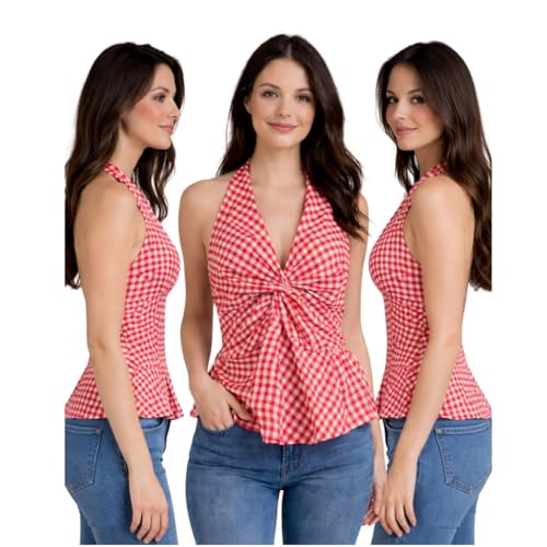 Image of Muhib Women's Halter Neck Sleeveless Cotton Top | Black & White Gingham Check Twist Front Summer Top | Stylish Casual Crop Blouse for Women