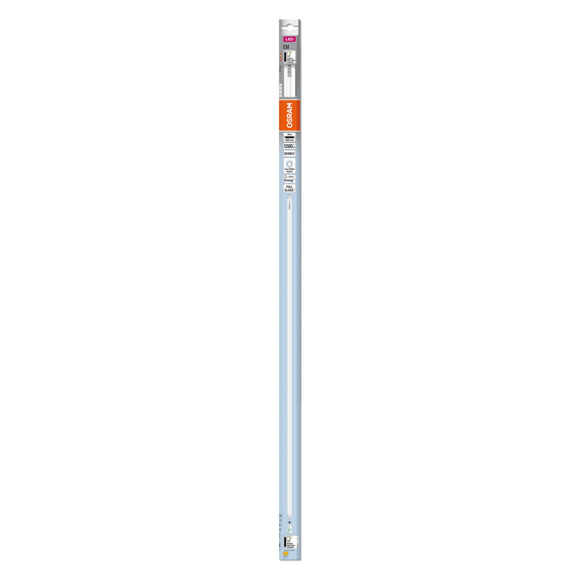 Osram Tube LED T8 30 EM 900 mm, tube LED linéaire, 10W, 1200lm, 4000K, lumière blanche froide, remplacement LED pour les tubes lumineux T8 avec des prises G13, une durée de vie longue