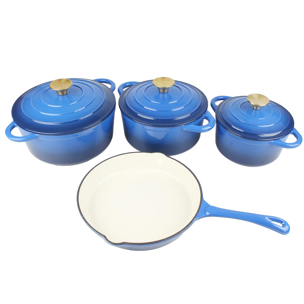 V A V Healthy and Safe, Non-Stick Enameled 7-PCS SET of Cast Iron Dutch Oven Cookwares. Set includes: 24cm Dutch Oven Fry Pan, 18cm, 21cm, 24cm Dutch Oven Cookwares with Lids.
