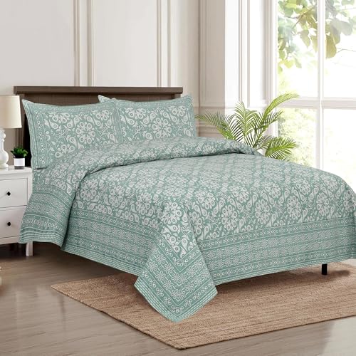 Image of King Size Cotton Bedsheet | 300 TC | 100% Cotton Flatsheet King Size with Two Pillow Covers | (254 * 274 cm, Emerald Bloom)