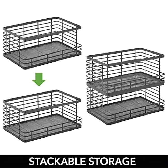 mDesign Wide Stackable Metal Wire Food Baskets with Open Front for Kitchen, Pantry, Cabinet, Countertop, Bin for Fruit, Vegetable, and Snack Storage Organizer, Carson Collection, 4 Pack, Matte Black
