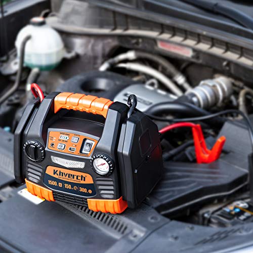 Kinverch Portable Power Station Jump Starter 1500 Peak/750 Instant Amps with 300W Inverter,150 PSI Air Compressor