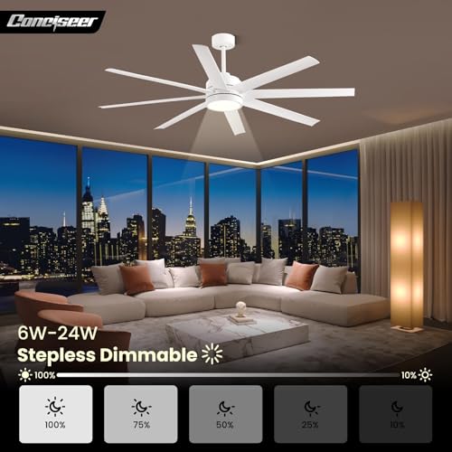 Image of Conciseer 65 Inch Ceiling Fan with Light and Remote Control for Bedroom Living Room Kitchen Home Office, Indoor /Outdoor Use, 6CCT Dimmable, 8 Blades 6 Speed Reversible Quiet DC Motor, White