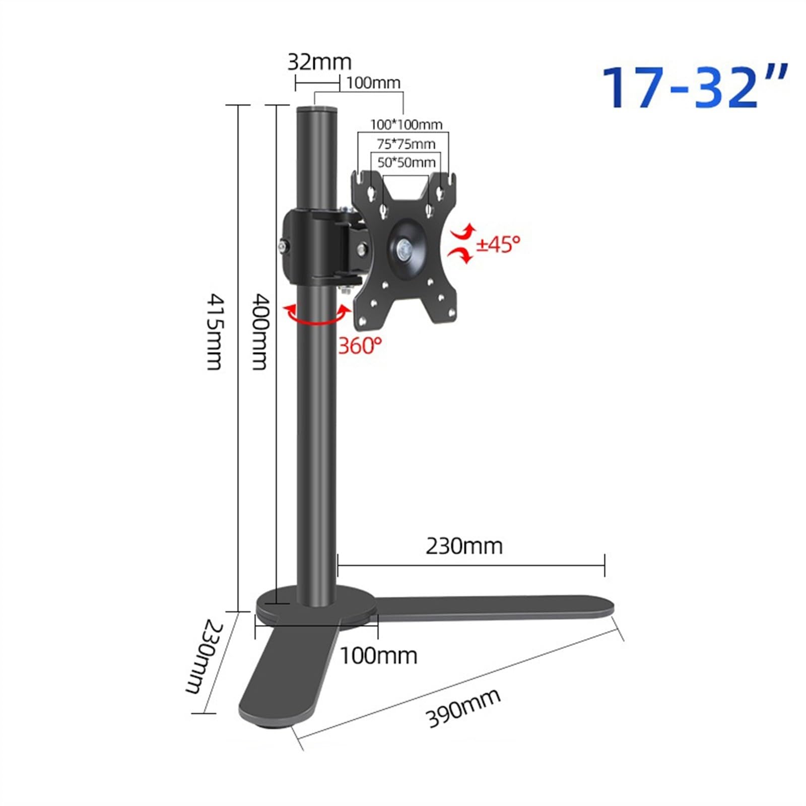 Uchwyt na monitor, wolnostojący, stalowy, z regulacją wysokości, obrotowy, nachylony, obrotowy, pasuje do monitorów 17"-32", udźwig do 17,6 funta