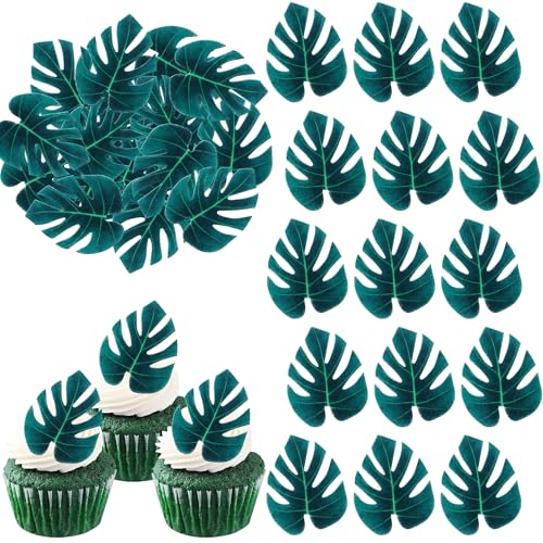 Rsstarxi 48 Pack Edible Tropical Turtle Leaves Cupcake Toppers, Edible Tropical Palm Leaves Cake Decorations for Hawaii Theme Jungle Baby Shower Birthday Party Decorations Supplies