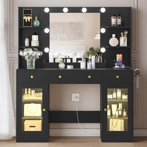 Image of HUANLEGO Vanity Desk with Mirror and Lights, Large Makeup Vanity Set with Power Outlet & RGB Glass Cabinet, 3 Drawers, Black Vanity Mirror with Lights Dressing Table for Girls Women, 3 Color Modes