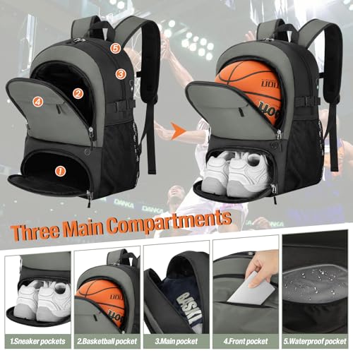 Mochila de baloncesto gris OCKLILY para hombre con compartimento para zapatillas y balón 6