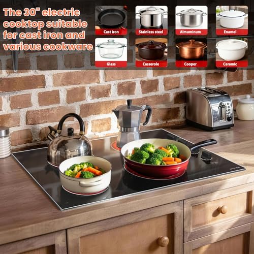 Image of Noxton 30 Inch Electric Cooktop, 4 Burner Ceramic Cooktop with Glass Protection Metal Frame & Knob Control, Built-in Radiant Stove Top, Dual Ring Expandable Burner, 240V Hardwired for Seniors
