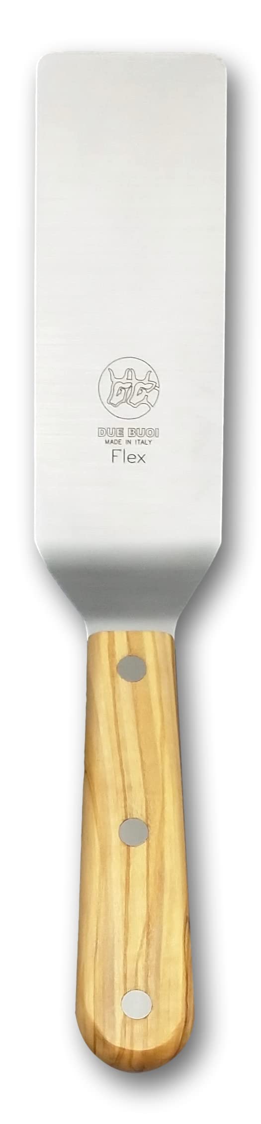 DUE BUOI Flexy Narrow Spatula Olive Wood Handle dimension 2” X 6” 1/3. Hardened stainless steel. Professional quality. Kitchen bbq grill griddle pastry. Full Tang Triple Riveted.