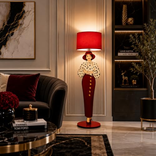 Image of THE GRANDEUR Artistic Female Floor Lamp with Red Fabric Shade, 155 cm | Warm Ambient Lighting, Stable 28 cm Base, Fashion-Inspired Design, Living Room & Bedroom, Statement Decor Piece