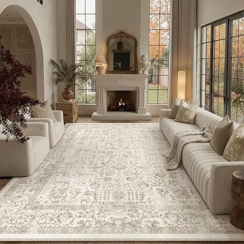 PureCozy Light Brown Area Rug 8x10 Machine Washable Large Vintage Living Room Distressed Non Slip Carpet Traditional Indoor Bedroom Retro Floral Accent Throw Rug for Office Kitchen Dining Room