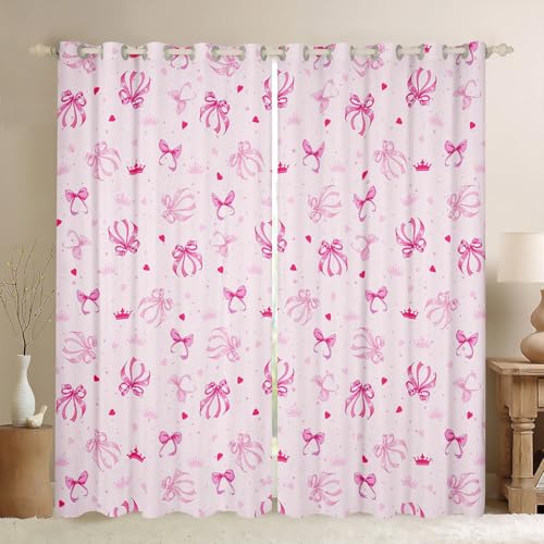 feelingyou Cortinas de ventana con lazo rosa para adolescentes, mujeres adultas, cortinas de amor y corona para dormitorio, cortinas de princesa para sala de estar, cortinas de tratamiento de ventana