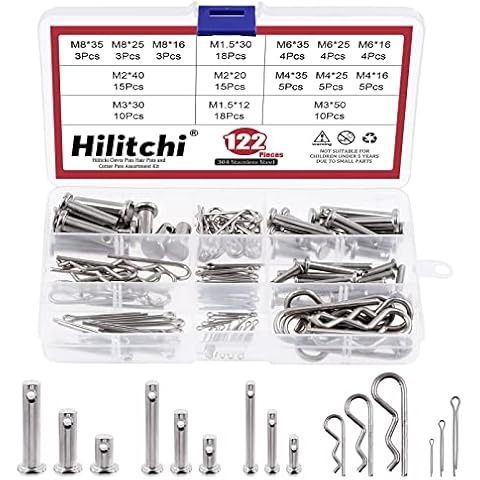 Hilitchi 122Pcs 304 Stainless Steel Clevis Pin and Clips Assortment Kit, Including 9 Styles M4 M6 M8 Single Hole Clevis Pin M1.5 M2 M3 Zinc Plated Steel Cotter Pin & R Clips Spring Retaining Hair Pins Cover