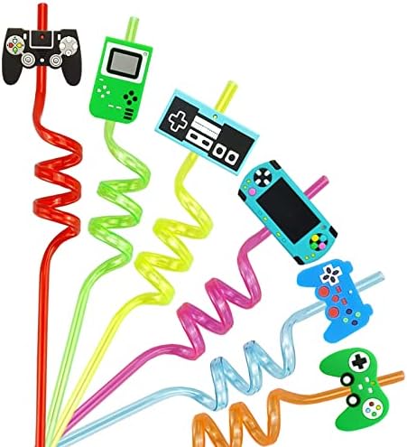 24pc Video Game Party Favors, Game Controller Drinking Straws as Birthday Party Supplies Decorations for Boys Goodie Gifts for Kids with 2 PCS Cleaning Brushes
