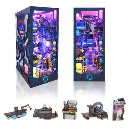 STRUCWOOD Book Nook Cyberpunk New DIY Dollhouse Booknook Bookshelf Insert Decor 3D Wooden Puzzles with LED Book Nook Miniature Kit Birthday ChristmasDecor for Teens Adult-Cyberpunk