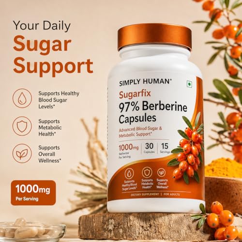 Image of Simply Human Berberine 1000mg Capsules for Blood Sugar & Metabolic Support | 97% Pure Berberine Extract | Supports Healthy Glucose Levels, Cravings & Energy | 30 Veg Capsules