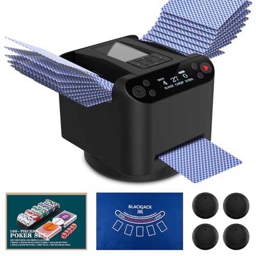 Image of Automatic Card Shuffler and Dealer 2-in-1 with Extra Gift 100PCS Poker Set and Casino Felt - Support 12 Players, 4 Drawing Remotes, Built-in Gameplays, 360 /180 Deal, 2 Decks for Poker, Phase 10