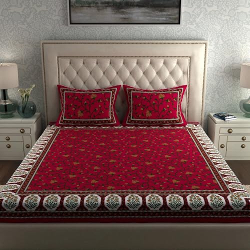 Image of LA VERNE Combo Pack of 2 Double Bedsheet with 4 Pillow Covers | Cotton Double Flat 104 TC Jaipuri Prints Bedsheet 240 X 220 CM (Red)