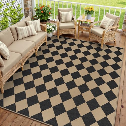 8x10 Checkered Easy Jute Area Rug for Living Room Large Checkerboard Washable Indoor Outdoor Carpet Farmhouse Patio Office Mat Geometric Non Slip Blac