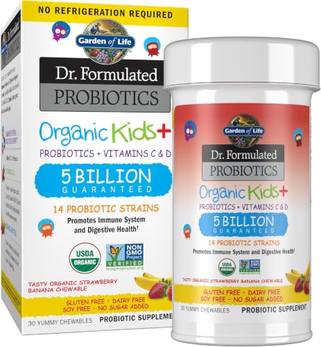 Image of Garden of Life Dr. Formulated Probiotics Organic Kids+ - Digestive Health Support - Prebiotic Fiber & Vitamins C & D - Supports Immune Function - Shelf Stable - Strawberry Banana, 30 Yummy Chewables