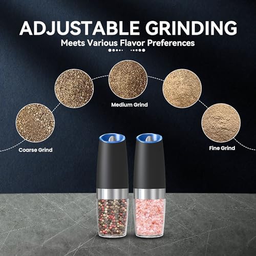 Gravity Electrical Salt and Pepper Grinder set of two, Automated Salt And Pepper Grinder Set, Adjustable Roughness, Battery Powered, LED Mild, 2 Pack, (Black) - Image 4