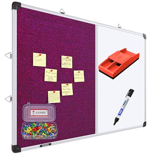 Image of GOSHU Non Magnetic Combination White Board 3 feet x4 feet with Pink Pin-up Notice Board Includes 1 Duster, 1 Marker and 50 Push up pins for Home, Office & School (Pink, 3x4 feet, Pack of 4 Items)
