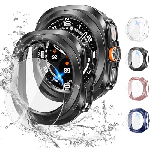 Mizi [4+4Pack Galaxy Watch 7 Ultra Screen Protector Case 47mm, Anti-Fog Tempered Glass Protective Film/Hard PC Protective Bumper Cover - Black/Blue/Pink/Clear