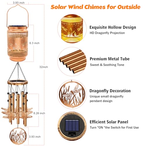 Image of 2 Pack Dragonfly Solar Wind Chimes for Outside, Gifts for Mom Women Grandma Birthday Memorial Teacher, 32 inch Windchimes Outdoor Decor Hanging Solar Lantern for Garden Porch Patio Backyard