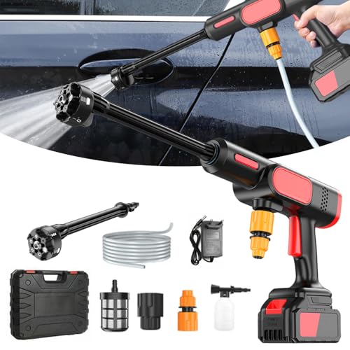 Hidrolimpiadora Inalámbrica, 80 Bar 21V Hidrolimpiadora Bateria, 6 en 1 Pistola de Alta presión con 5 m Manguera y Accesorios para Coches, Ventanas, césped (Negro)