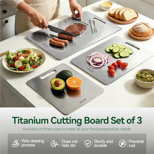 Image of Titanium Cutting Board Set of 3,100% Pure Titanium Cutting Boards for Kitchen, Double Sided Food-Grade Chopping Board for Cutting Meat Vegetable Fruit, Dishwasher Safe