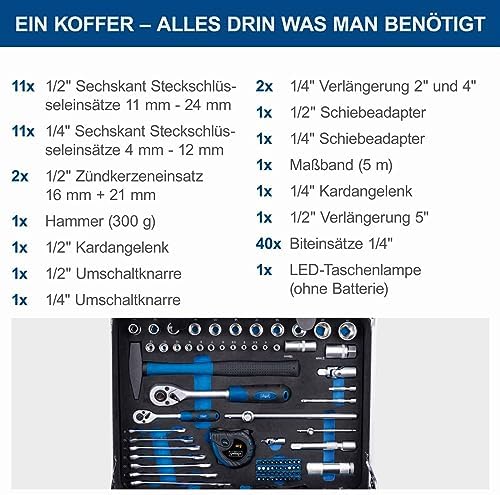 Bild 6 - Scheppach TB200 Aluminium Werkzeugkoffer gefüllt 141-tlg Werkzeug Set | Werkstattkoffer bestückt mit Schraubenschlüssel, Hammer, Zange, Schraubenzieher, Werkzeugkiste für Werkstatt und Haushalt