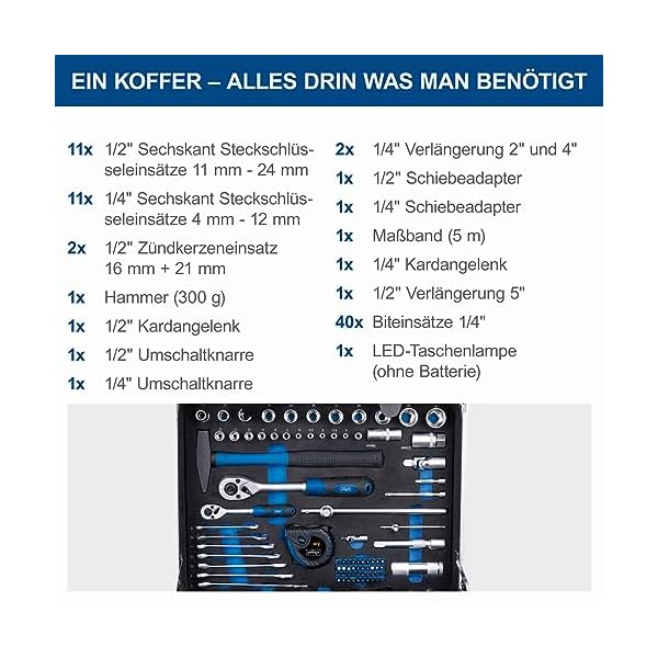 Scheppach TB200 Aluminium Werkzeugkoffer gefüllt 141-tlg Werkzeug Set | Werkstattkoffer bestückt mit Schraubenschlüssel, Hammer, Zange, Schraubenzieher, Werkzeugkiste für Werkstatt und Haushalt – Bild 8