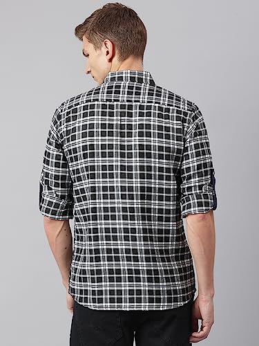 Image of Thomas Scott Men's Polyester Checkered Slim Fit Casual Shirt with Spread Collar and Long Sleeve (TS1045 Wood)